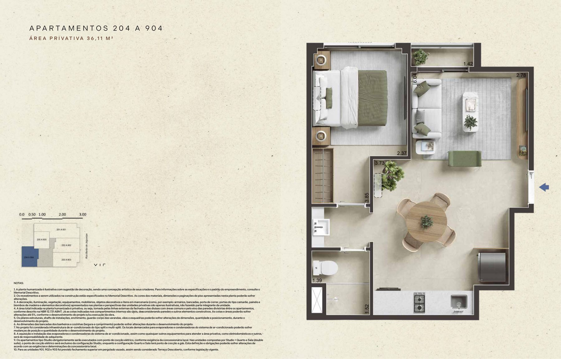 Planta 1 quarto 36 m²