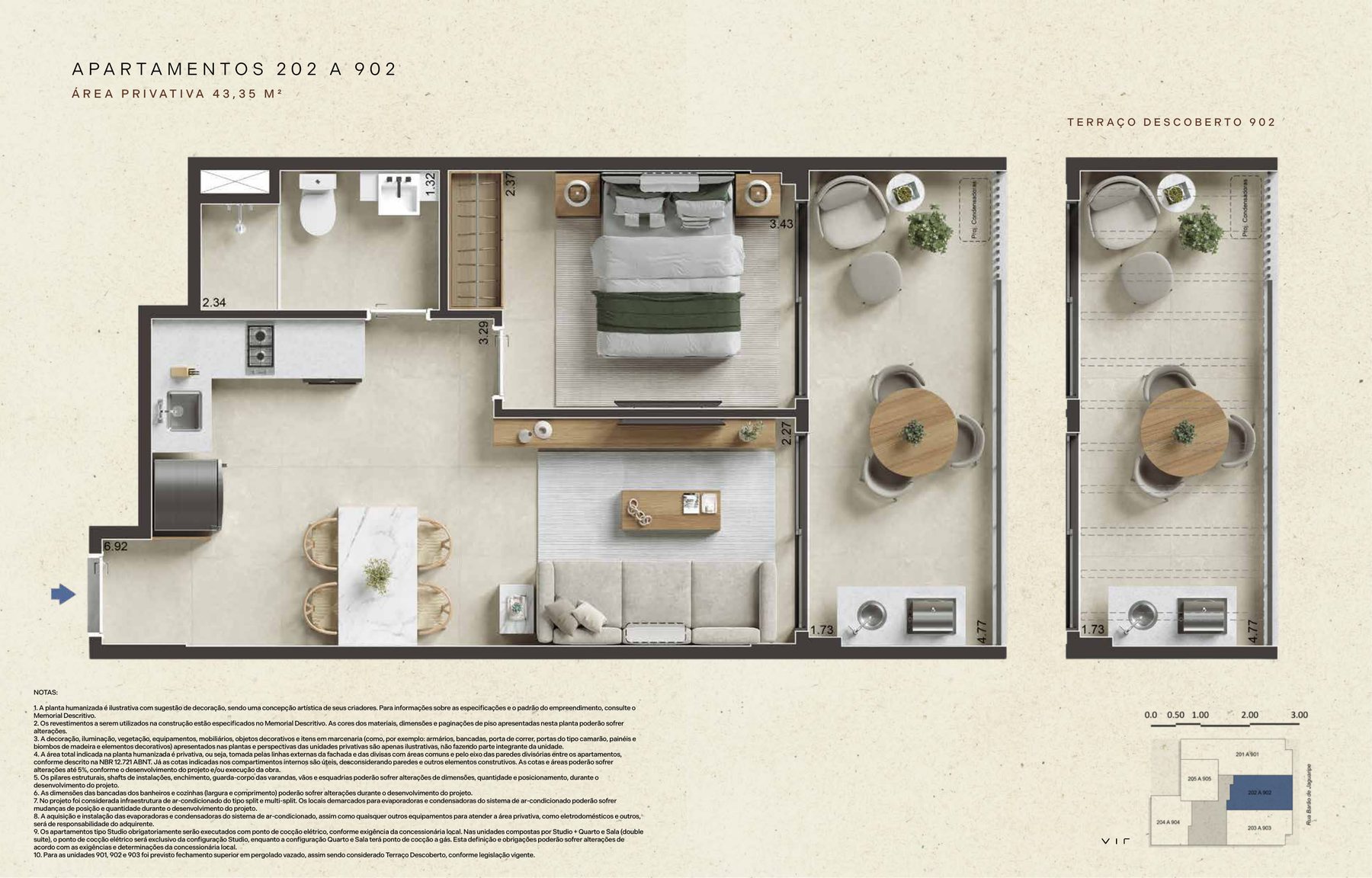 Planta 1 quarto 43 m²