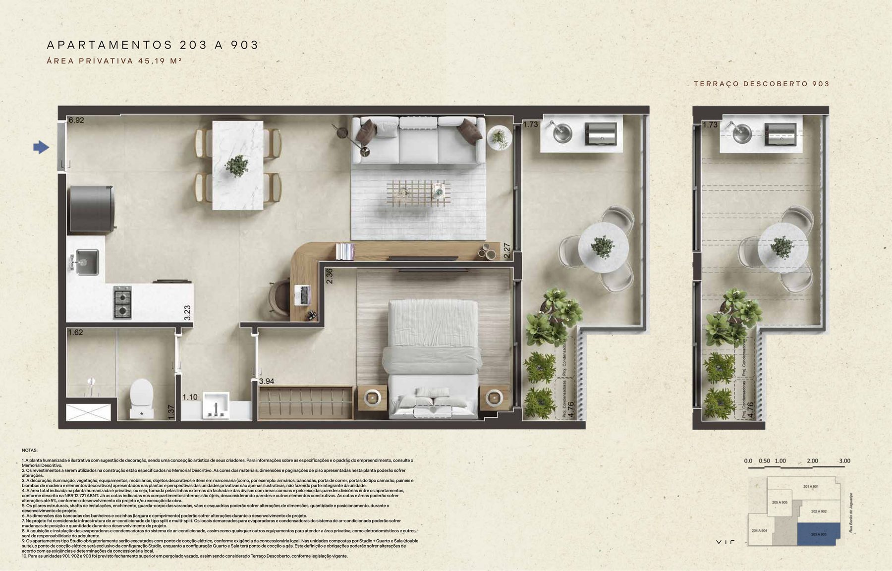 Planta 1 quarto 45 m²